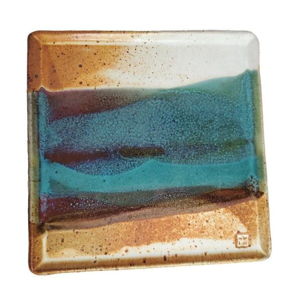 Studio Pottery Square Serving Tray Aqua Blue Turquoise Brown Red Signed TJ White - Picture 1 of 4